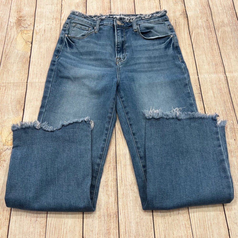 Risen‎ Jeans Womens 7/28 Medium Wash High Rise Frayed Fringe Waist Straight Leg